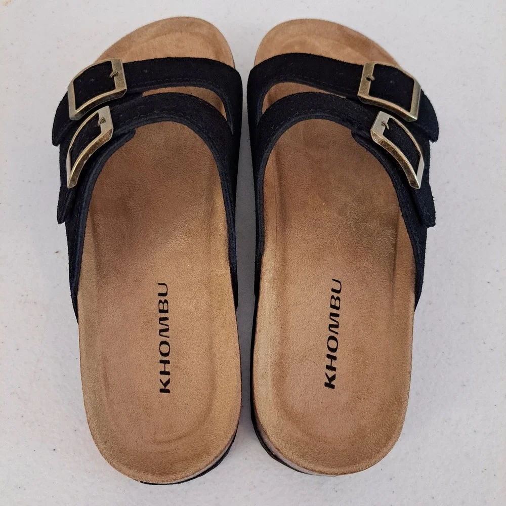 Khombu Ashville Sandals Womens 7 Black New Leather Double Buckle Slide 1221-378